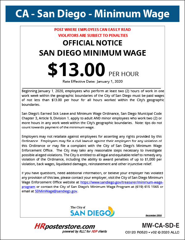 San Diego City Minimum Wage Poster HRPosterStore